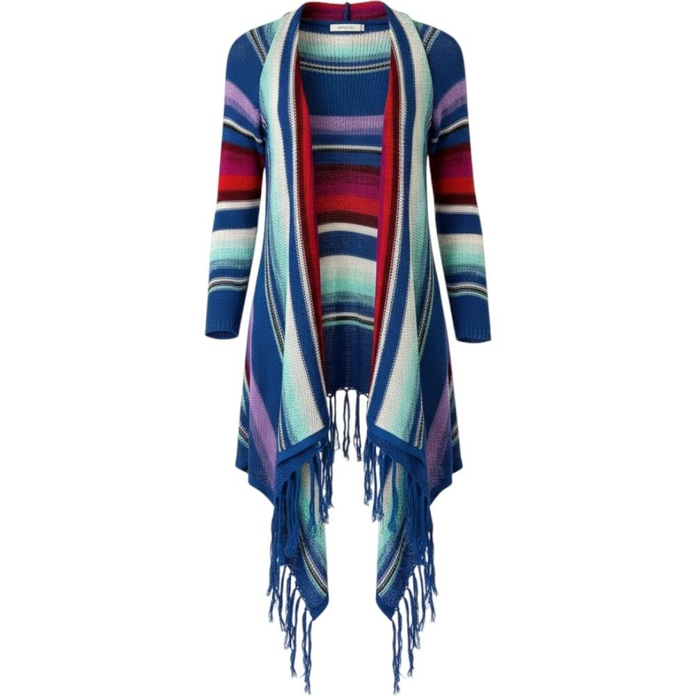 NWT Billabong Blue Bird Striped Hooded Fringe Cardigan Sweater Blue Multi JV04